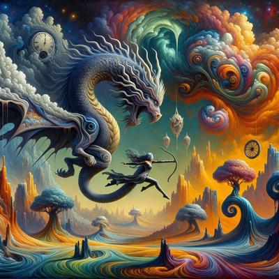 The primary subject of the image is a woman riding a dragon. The setting is a colorful, surreal landscape with a sky background. The visual style is a digital art or illustration, featuring a combination of vibrant colors and intricate details. The overall atmosphere is whimsical and imaginative, with the woman and the dragon as the main focus of the scene.